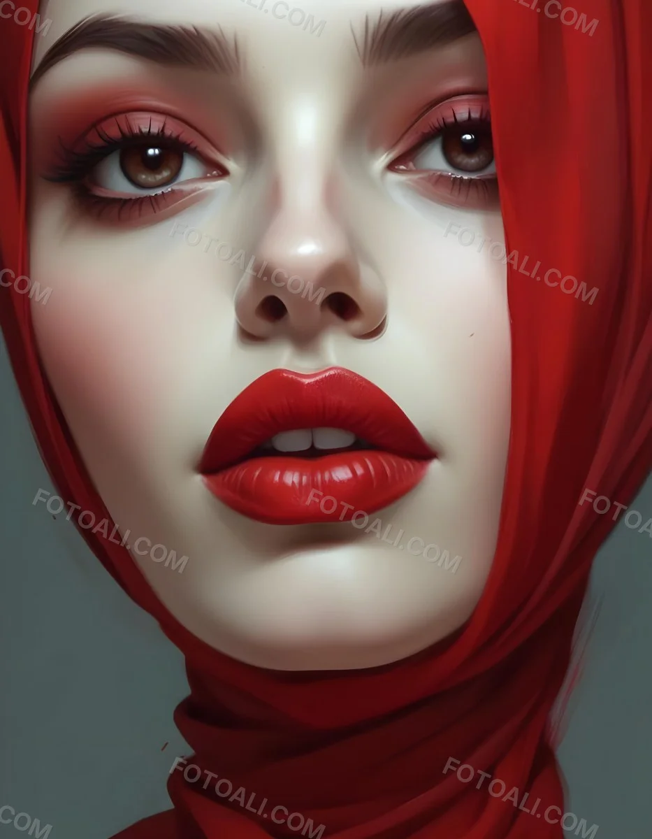 Minimal Soft Studio Light Photography A Middle Eastern Woman With Pale Skin Dark Eyes And Bright Red Lips Wearing A Red Hijab High Detail Solid Bold Color Background 15 Fad5