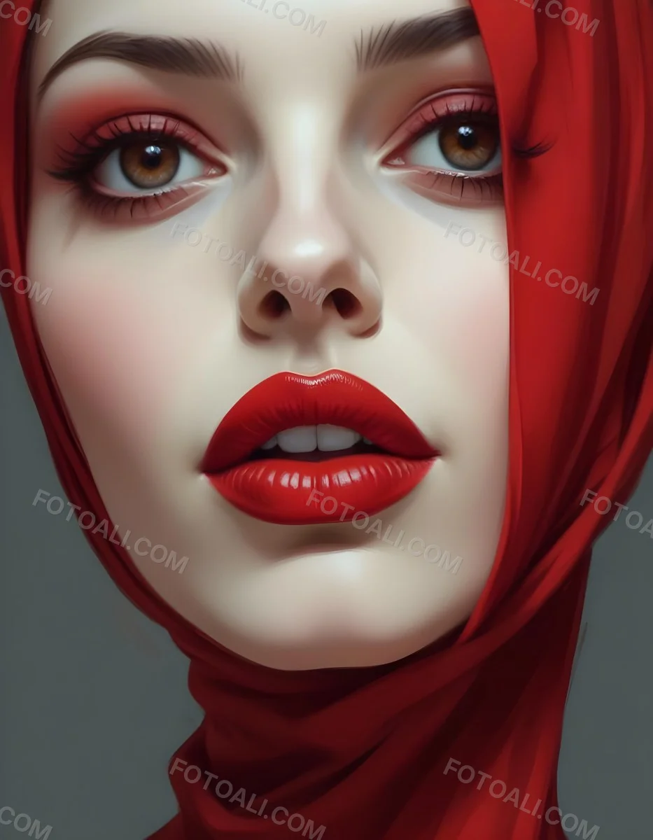 Minimal Soft Studio Light Photography A Middle Eastern Woman With Pale Skin Dark Eyes And Bright Red Lips Wearing A Red Hijab High Detail Solid Bold Color Background 16 Ae1b