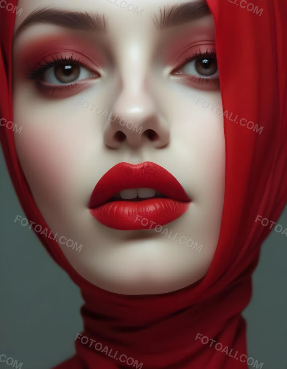 Minimal Soft Studio Light Photography A Middle Eastern Woman With Pale Skin Dark Eyes And Bright Red Lips Wearing A Red Hijab High Detail Solid Bold Color Background 17 62b7
