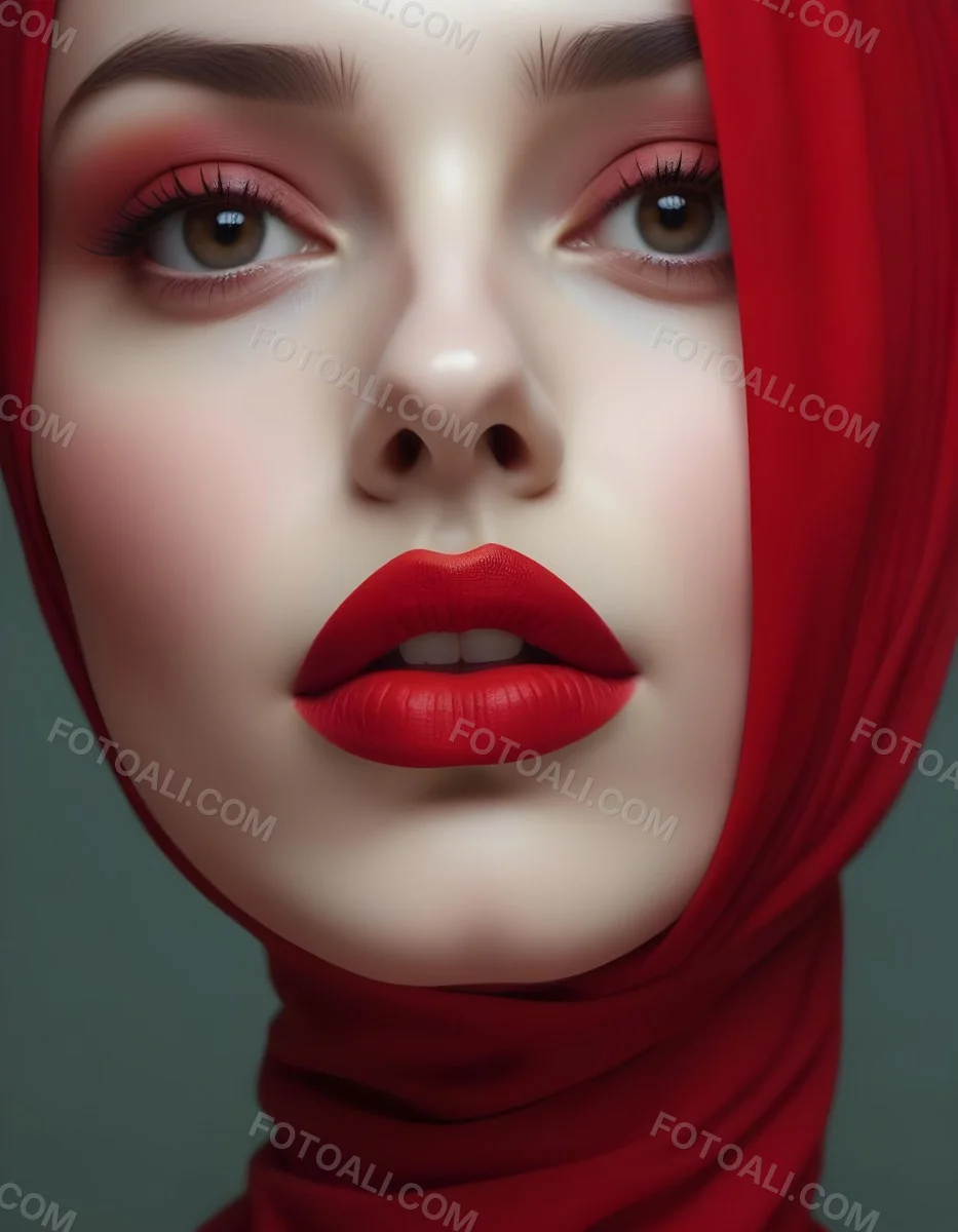 Minimal Soft Studio Light Photography A Middle Eastern Woman With Pale Skin Dark Eyes And Bright Red Lips Wearing A Red Hijab High Detail Solid Bold Color Background 18 057c
