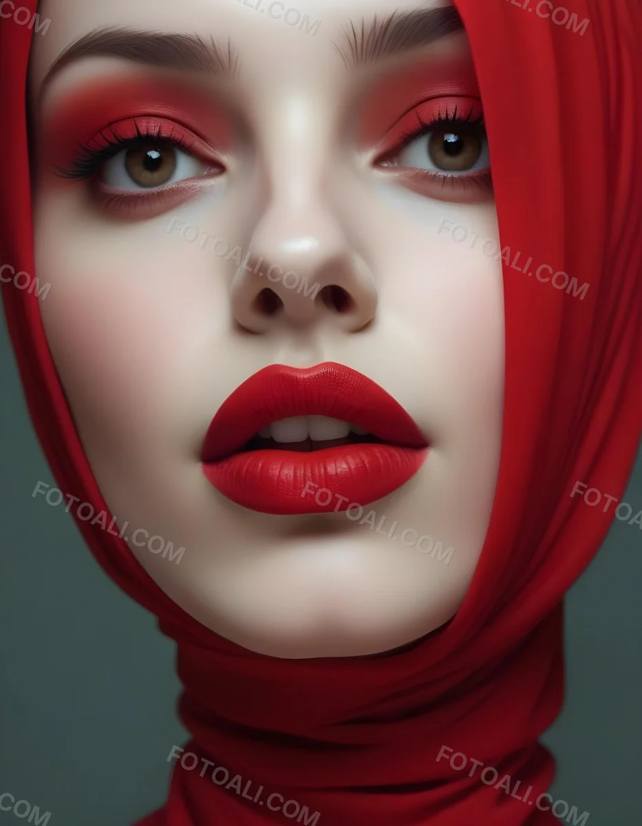 Minimal Soft Studio Light Photography A Middle Eastern Woman With Pale Skin Dark Eyes And Bright Red Lips Wearing A Red Hijab High Detail Solid Bold Color Background 19 344d