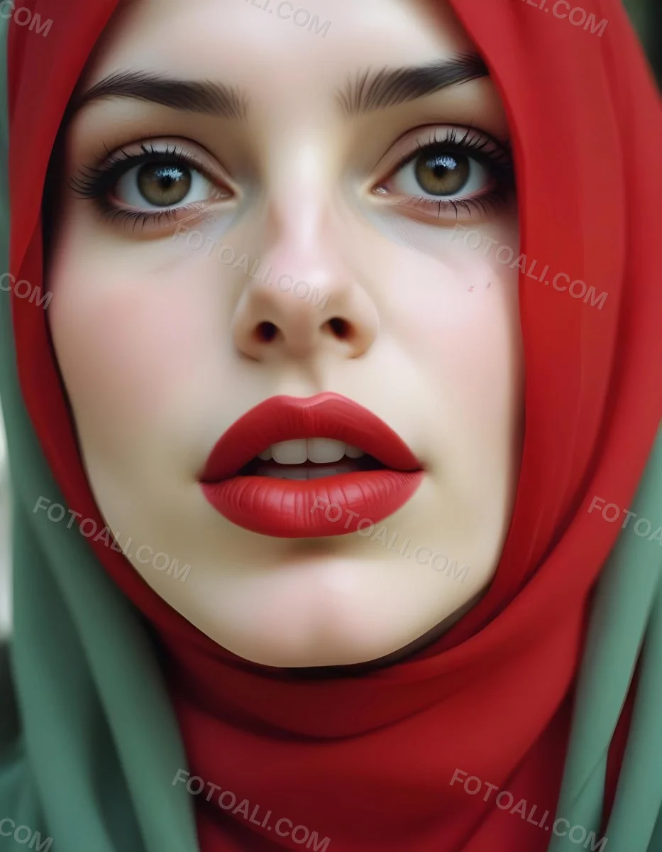 Minimal Soft Studio Light Photography A Middle Eastern Woman With Pale Skin Dark Eyes And Bright Red Lips Wearing A Red Hijab High Detail Solid Bold Color Background 5 6fe7