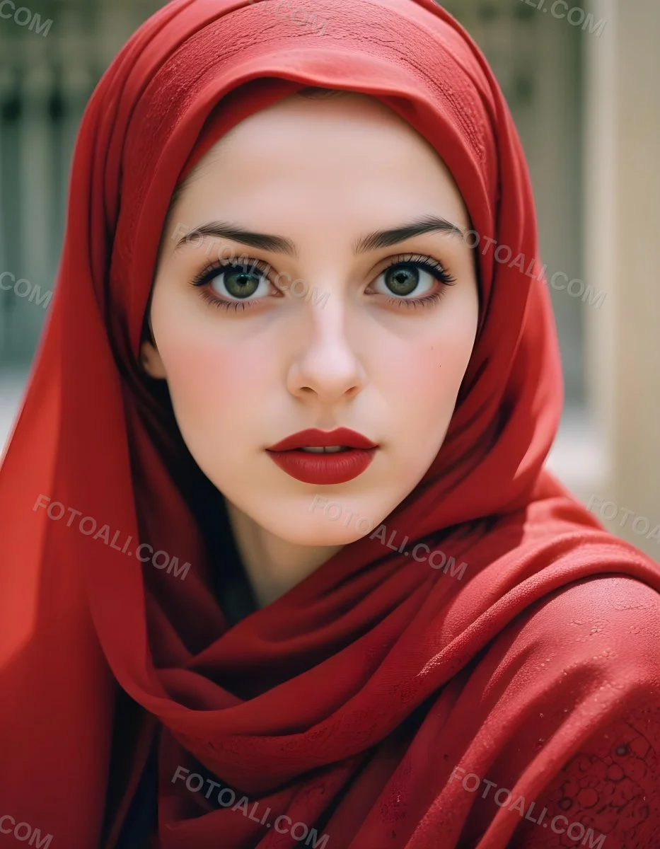 Minimal Soft Studio Light Photography A Middle Eastern Woman With Pale Skin Dark Eyes And Bright Red Lips Wearing A Red Hijab High Detail Solid Bold Color Background 8 1bc1