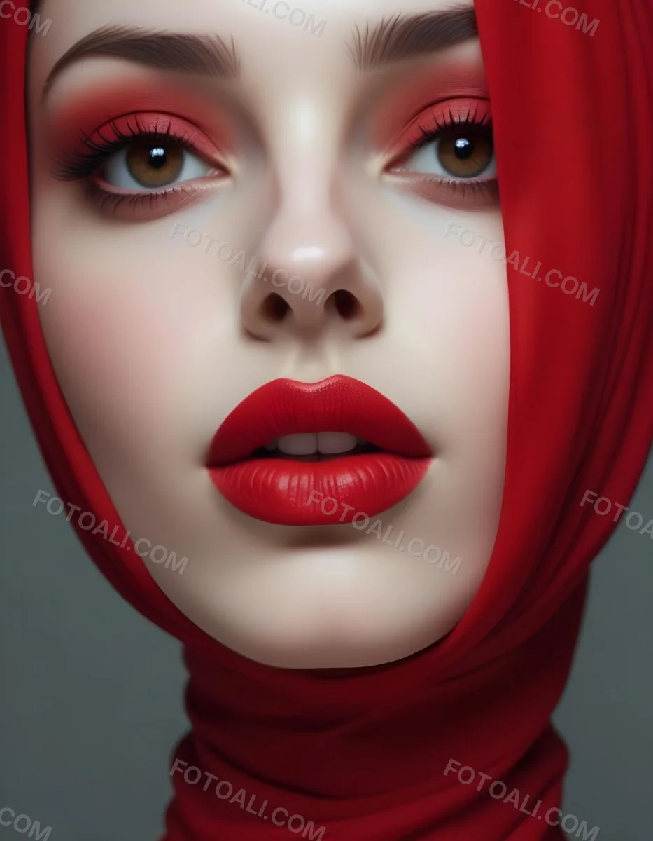 Minimal Soft Studio Light Photography A Middle Eastern Woman With Pale Skin Dark Eyes And Bright Red Lips Wearing A Red Hijab High Detail Solid Bold Color Background 9 331e