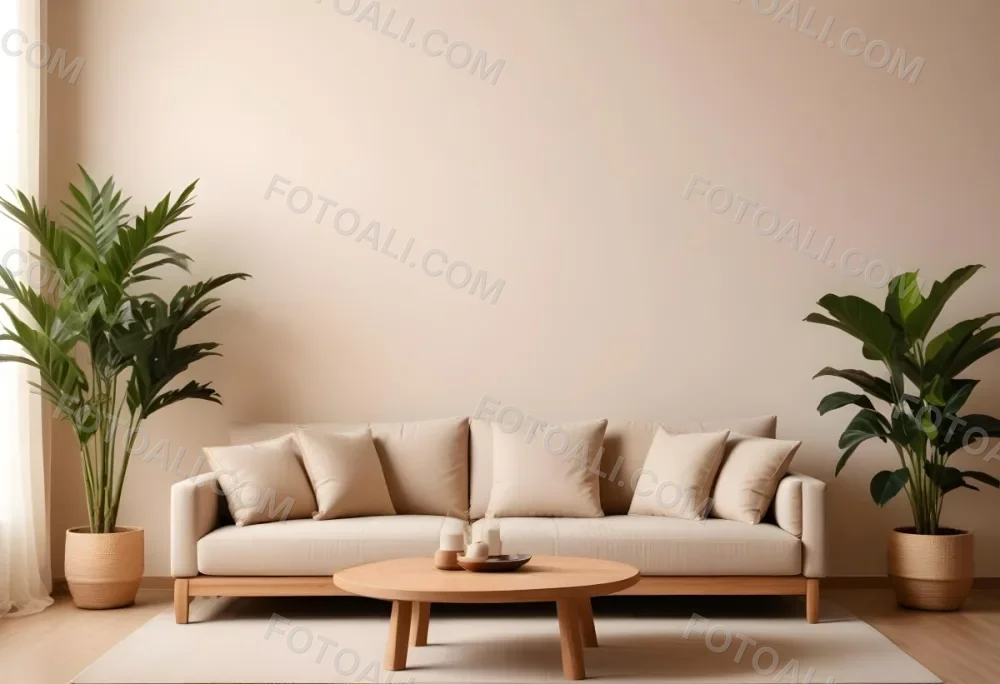 Minimal Soft Studio Light Photography A Modern Living Room With A Large Beige Sofa A Round Wooden Coffee Table And Potted Plants In The Background Against A Beige Wall High Detail Solid Bold Color Background 12 B5ca