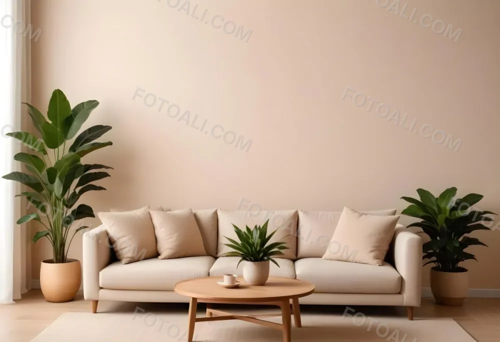 Minimal Soft Studio Light Photography A Modern Living Room With A Large Beige Sofa A Round Wooden Coffee Table And Potted Plants In The Background Against A Beige Wall High Detail Solid Bold Color Background 13 9b76