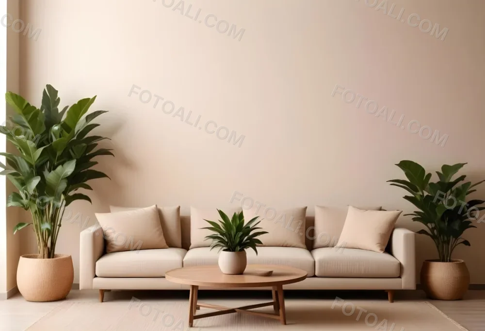 Minimal Soft Studio Light Photography A Modern Living Room With A Large Beige Sofa A Round Wooden Coffee Table And Potted Plants In The Background Against A Beige Wall High Detail Solid Bold Color Background 16 5b9b