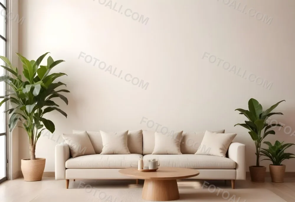 Minimal Soft Studio Light Photography A Modern Living Room With A Large Beige Sofa A Round Wooden Coffee Table And Potted Plants In The Background Against A Beige Wall High Detail Solid Bold Color Background 19 3230