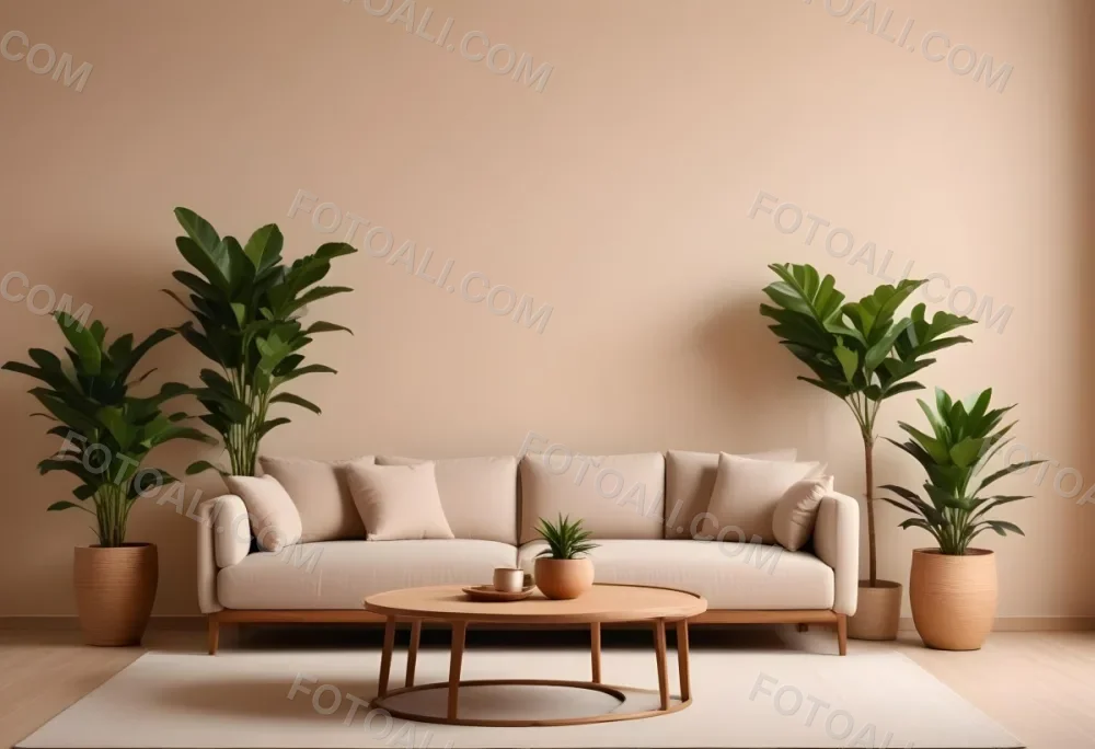 Minimal Soft Studio Light Photography A Modern Living Room With A Large Beige Sofa A Round Wooden Coffee Table And Potted Plants In The Background Against A Beige Wall High Detail Solid Bold Color Background 2 26f4