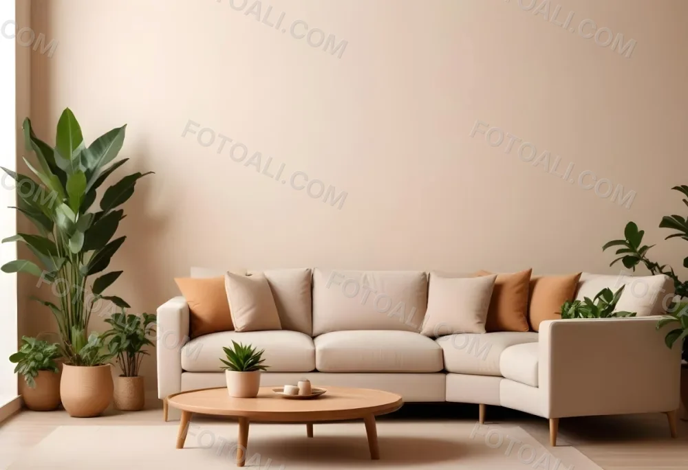 Minimal Soft Studio Light Photography A Modern Living Room With A Large Beige Sofa A Round Wooden Coffee Table And Potted Plants In The Background Against A Beige Wall High Detail Solid Bold Color Background 20 E46f