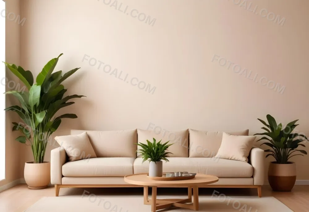 Minimal Soft Studio Light Photography A Modern Living Room With A Large Beige Sofa A Round Wooden Coffee Table And Potted Plants In The Background Against A Beige Wall High Detail Solid Bold Color Background 21 E2a1