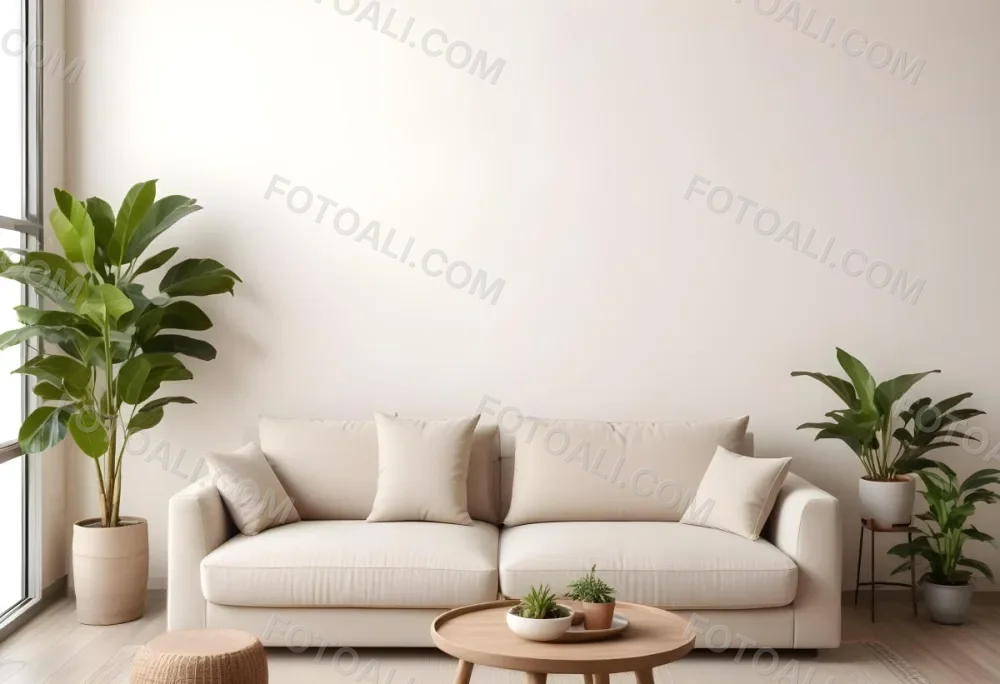 Minimal Soft Studio Light Photography A Modern Living Room With A Large Beige Sofa A Round Wooden Coffee Table And Potted Plants In The Background Against A Beige Wall High Detail Solid Bold Color Background 22 3c8a