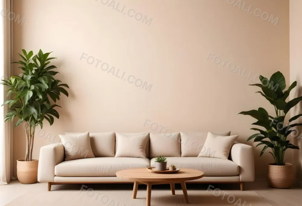 Minimal Soft Studio Light Photography A Modern Living Room With A Large Beige Sofa A Round Wooden Coffee Table And Potted Plants In The Background Against A Beige Wall High Detail Solid Bold Color Background 23 4801