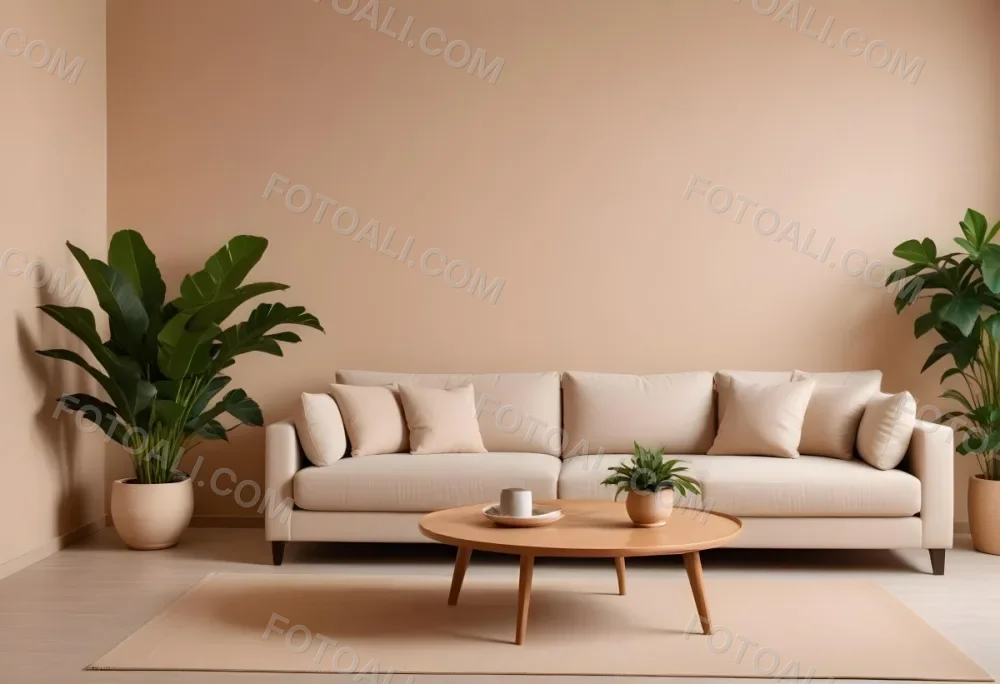 Minimal Soft Studio Light Photography A Modern Living Room With A Large Beige Sofa A Round Wooden Coffee Table And Potted Plants In The Background Against A Beige Wall High Detail Solid Bold Color Background 4 C921