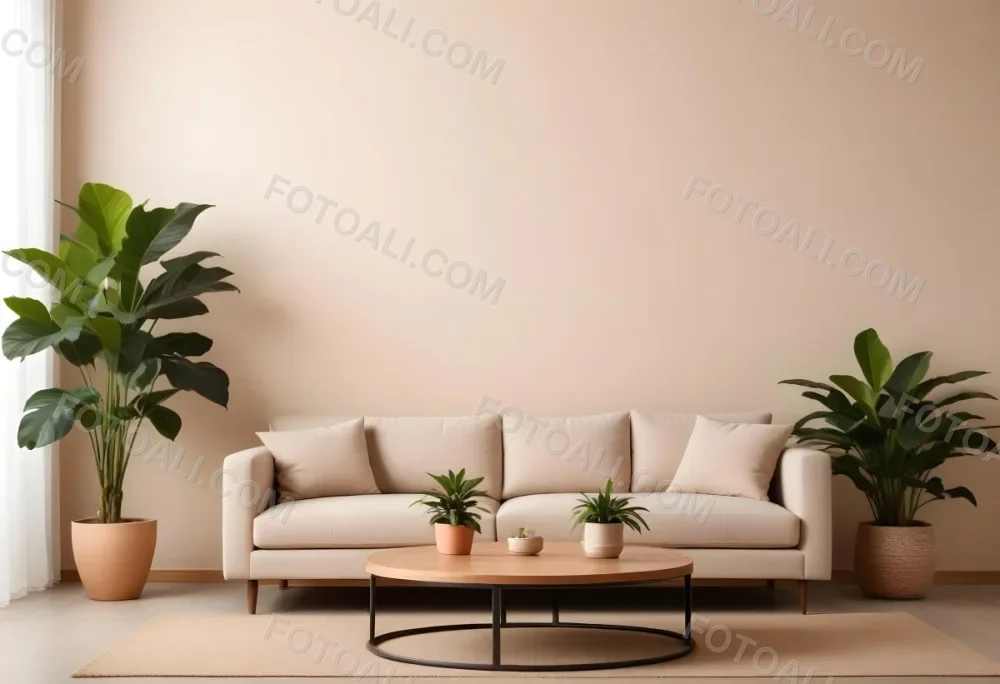 Minimal Soft Studio Light Photography A Modern Living Room With A Large Beige Sofa A Round Wooden Coffee Table And Potted Plants In The Background Against A Beige Wall High Detail Solid Bold Color Background 5 3540