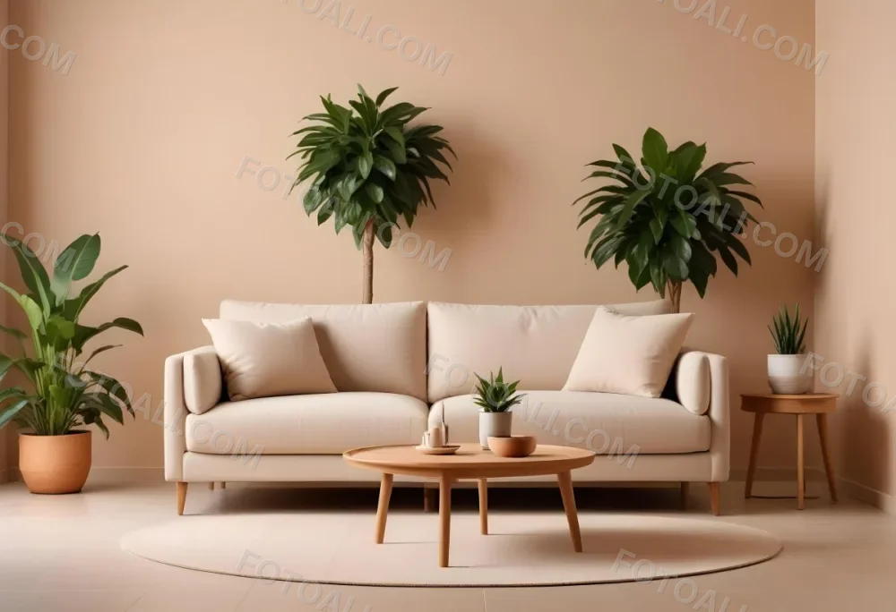 Minimal Soft Studio Light Photography A Modern Living Room With A Large Beige Sofa A Round Wooden Coffee Table And Potted Plants In The Background Against A Beige Wall High Detail Solid Bold Color Background 6 D87d