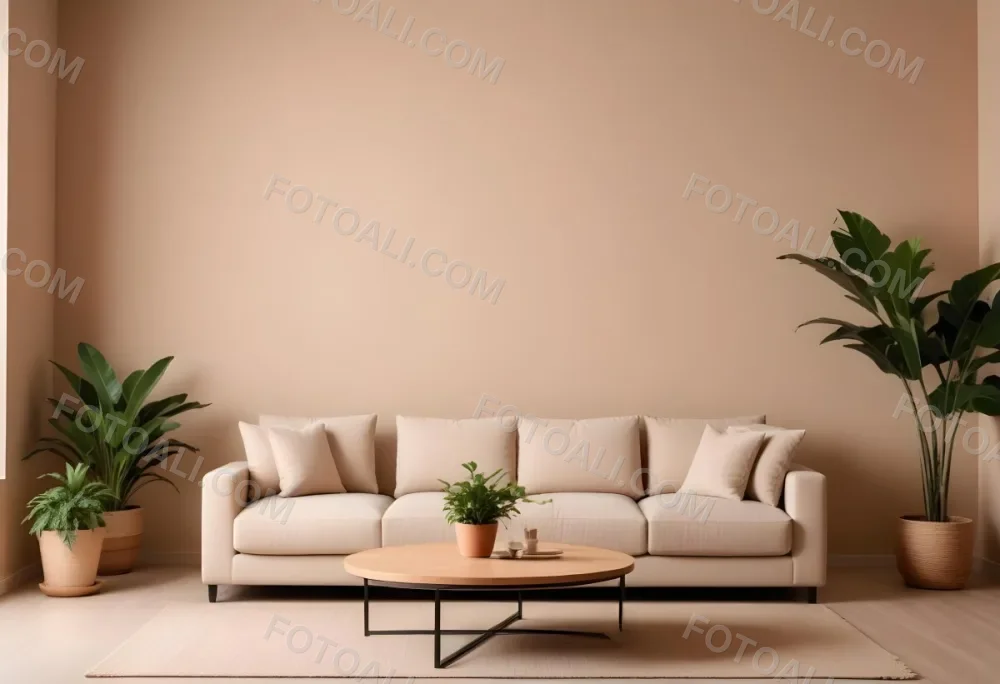 Minimal Soft Studio Light Photography A Modern Living Room With A Large Beige Sofa A Round Wooden Coffee Table And Potted Plants In The Background Against A Beige Wall High Detail Solid Bold Color Background 9 4503