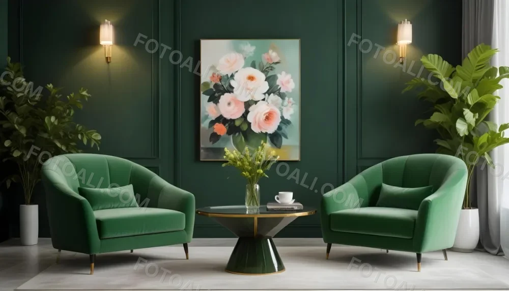 Minimal Soft Studio Light Photography A Modern Living Room With Two Green Velvet Armchairs A Glass Coffee Table With A Vase Of Flowers And A Large Abstract Floral Painting On The Wall High Detail Solid Bold 1 80de