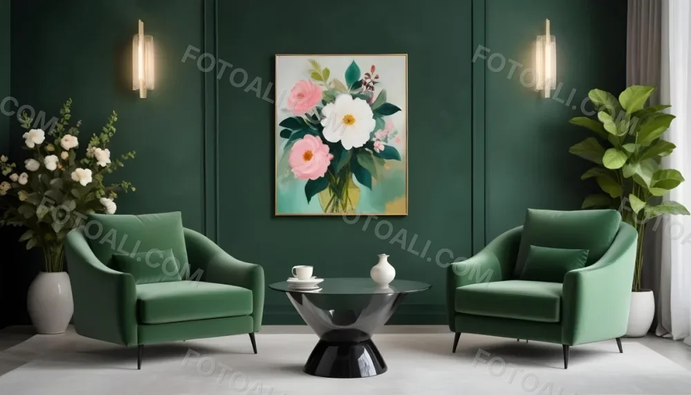 Minimal Soft Studio Light Photography A Modern Living Room With Two Green Velvet Armchairs A Glass Coffee Table With A Vase Of Flowers And A Large Abstract Floral Painting On The Wall High Detail Solid Bold 10 6ca2