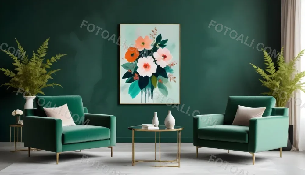 Minimal Soft Studio Light Photography A Modern Living Room With Two Green Velvet Armchairs A Glass Coffee Table With A Vase Of Flowers And A Large Abstract Floral Painting On The Wall High Detail Solid Bold 12 326b