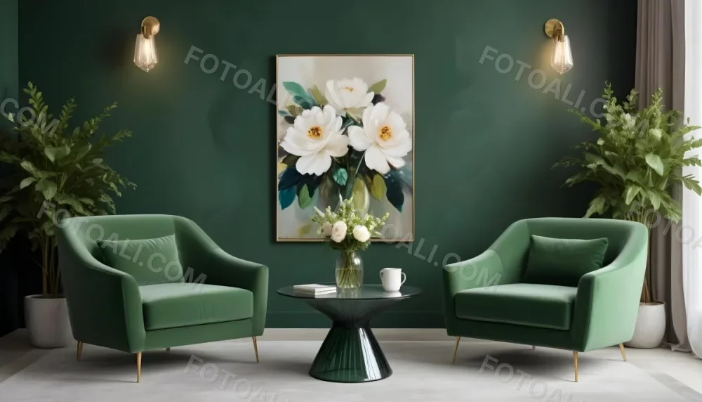 Minimal Soft Studio Light Photography A Modern Living Room With Two Green Velvet Armchairs A Glass Coffee Table With A Vase Of Flowers And A Large Abstract Floral Painting On The Wall High Detail Solid Bold 5 63d9