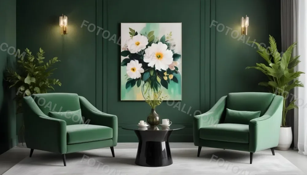 Minimal Soft Studio Light Photography A Modern Living Room With Two Green Velvet Armchairs A Glass Coffee Table With A Vase Of Flowers And A Large Abstract Floral Painting On The Wall High Detail Solid Bold 7 282e