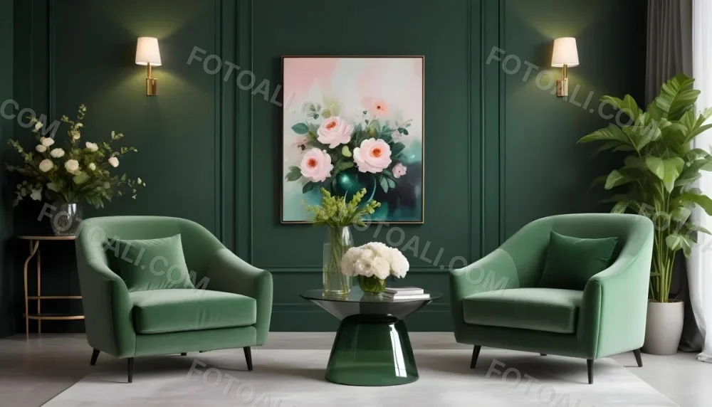 Minimal Soft Studio Light Photography A Modern Living Room With Two Green Velvet Armchairs A Glass Coffee Table With A Vase Of Flowers And A Large Abstract Floral Painting On The Wall High Detail Solid Bold 8 C2e4