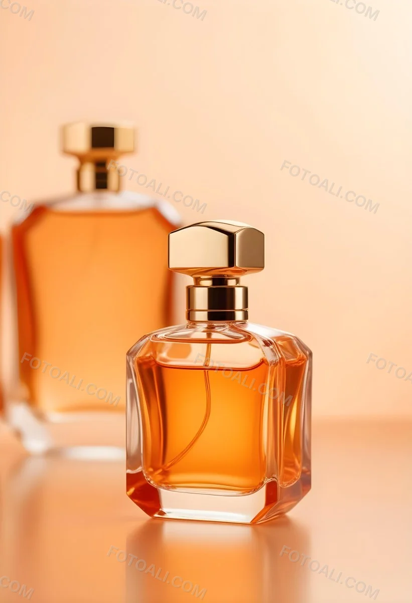 Minimal Soft Studio Light Photography A Perfume Bottle With A Golden Cap In A Soft Orange Color Palette With Another Bottle Blurred In The Background High Detail Solid Bold Color Background 11 62ce