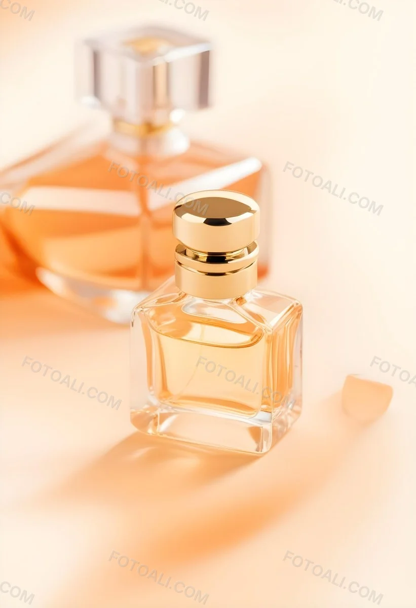 Minimal Soft Studio Light Photography A Perfume Bottle With A Golden Cap In A Soft Orange Color Palette With Another Bottle Blurred In The Background High Detail Solid Bold Color Background 15 C26e
