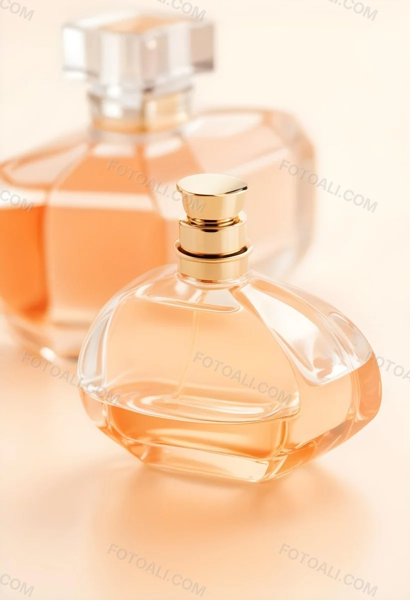 Minimal Soft Studio Light Photography A Perfume Bottle With A Golden Cap In A Soft Orange Color Palette With Another Bottle Blurred In The Background High Detail Solid Bold Color Background 24 740d