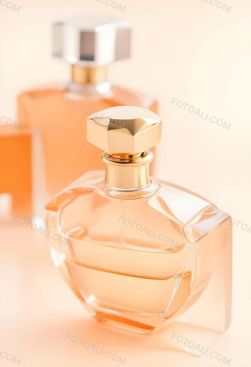 Minimal Soft Studio Light Photography A Perfume Bottle With A Golden Cap In A Soft Orange Color Palette With Another Bottle Blurred In The Background High Detail Solid Bold Color Background 34 66b1