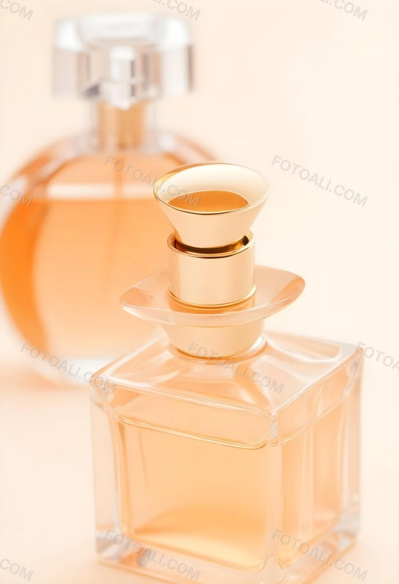 Minimal Soft Studio Light Photography A Perfume Bottle With A Golden Cap In A Soft Orange Color Palette With Another Bottle Blurred In The Background High Detail Solid Bold Color Background 37 Fd8b
