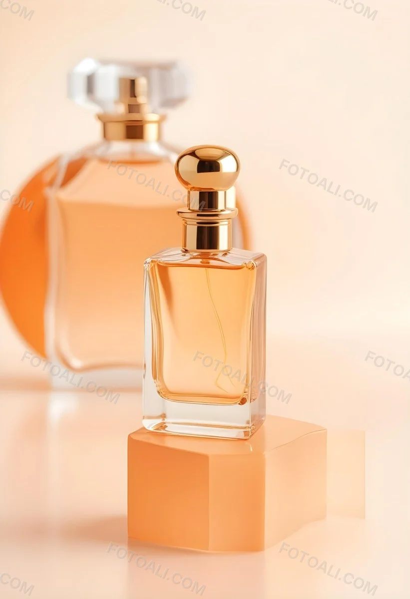 Minimal Soft Studio Light Photography A Perfume Bottle With A Golden Cap In A Soft Orange Color Palette With Another Bottle Blurred In The Background High Detail Solid Bold Color Background 38 Caed