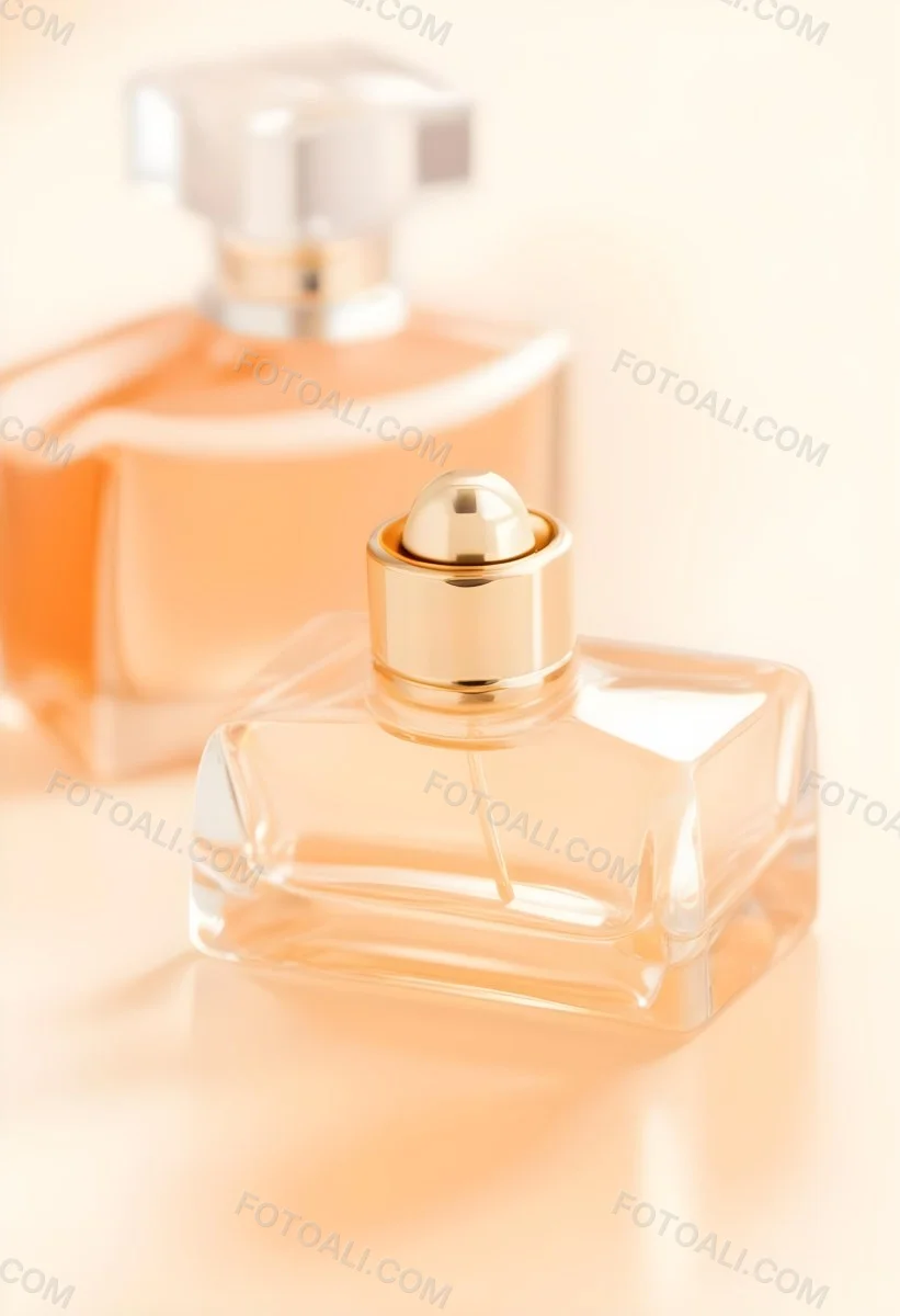 Minimal Soft Studio Light Photography A Perfume Bottle With A Golden Cap In A Soft Orange Color Palette With Another Bottle Blurred In The Background High Detail Solid Bold Color Background 39 821d