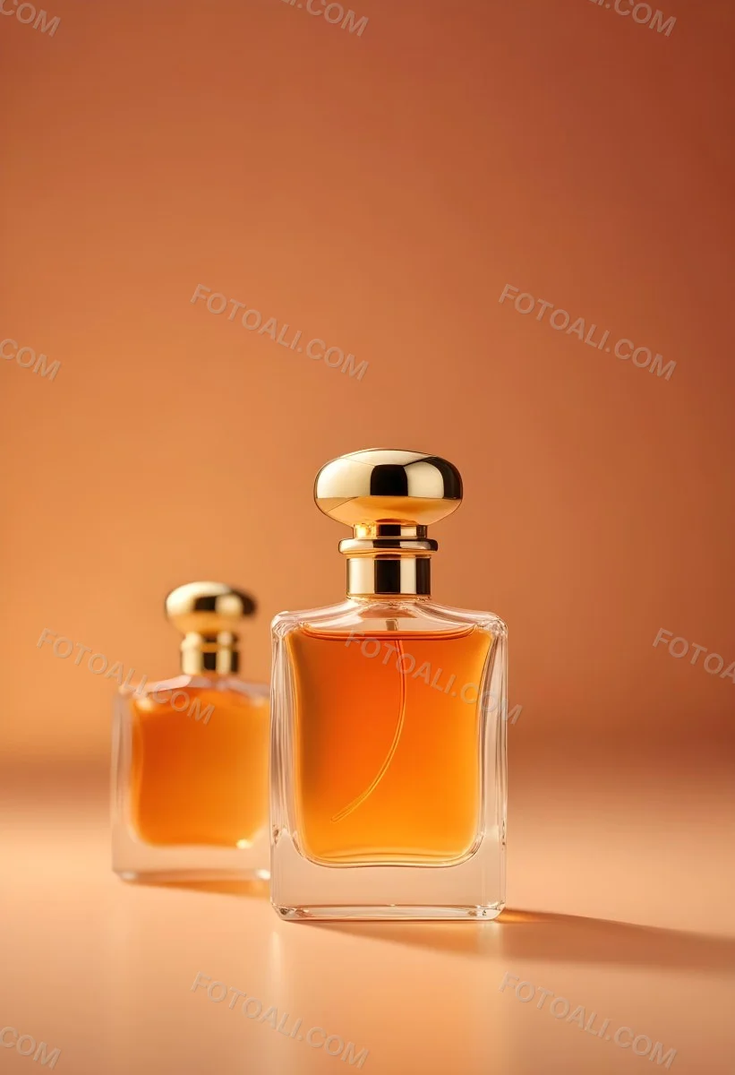 Minimal Soft Studio Light Photography A Perfume Bottle With A Golden Cap In A Soft Orange Color Palette With Another Bottle Blurred In The Background High Detail Solid Bold Color Background 4 Addc