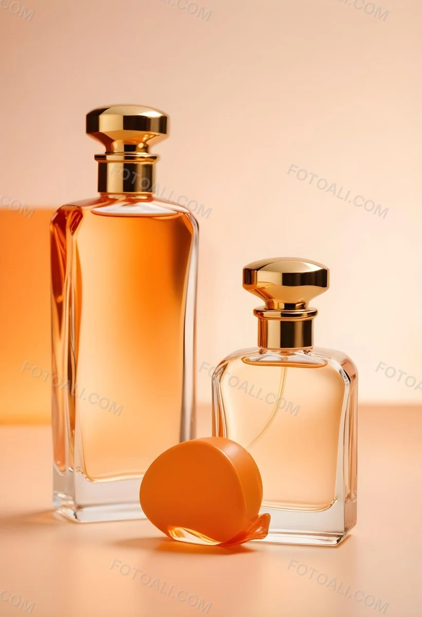 Minimal Soft Studio Light Photography A Perfume Bottle With A Golden Cap In A Soft Orange Color Palette With Another Bottle Blurred In The Background High Detail Solid Bold Color Background 40 6a81