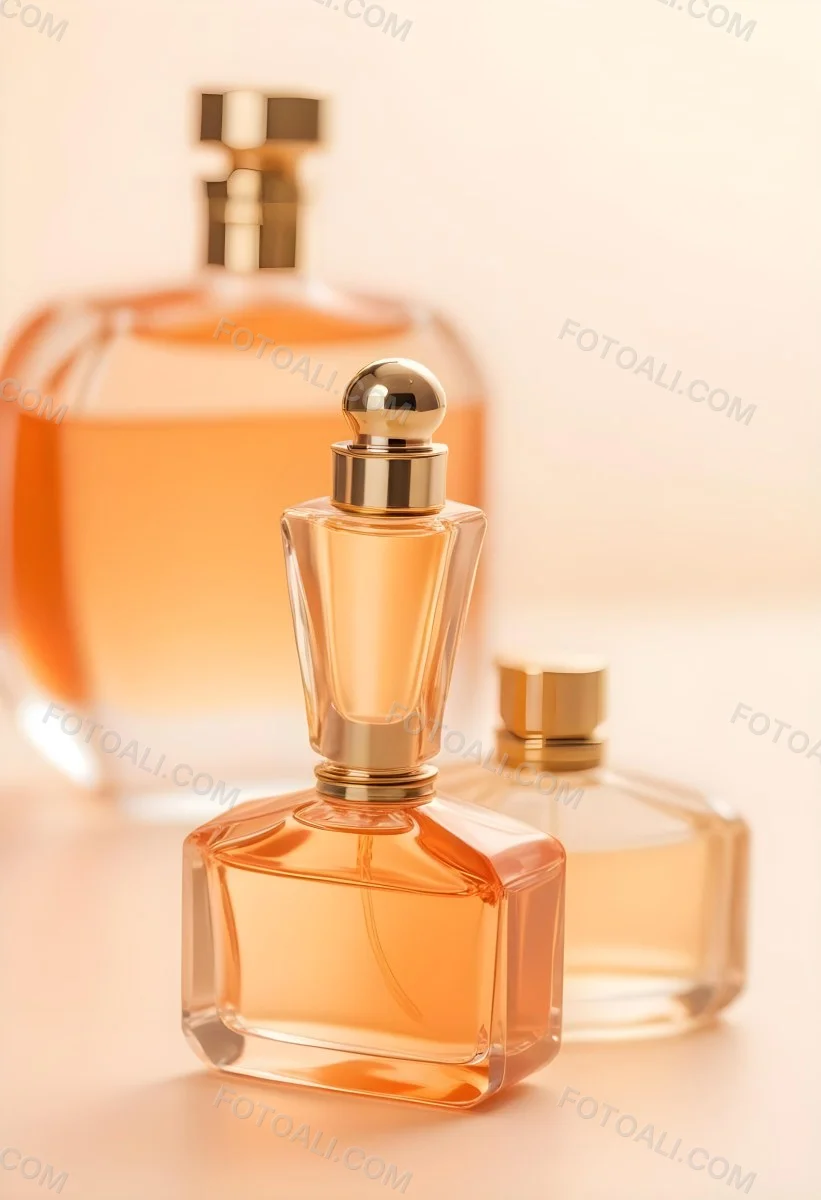 Minimal Soft Studio Light Photography A Perfume Bottle With A Golden Cap In A Soft Orange Color Palette With Another Bottle Blurred In The Background High Detail Solid Bold Color Background 41 8744