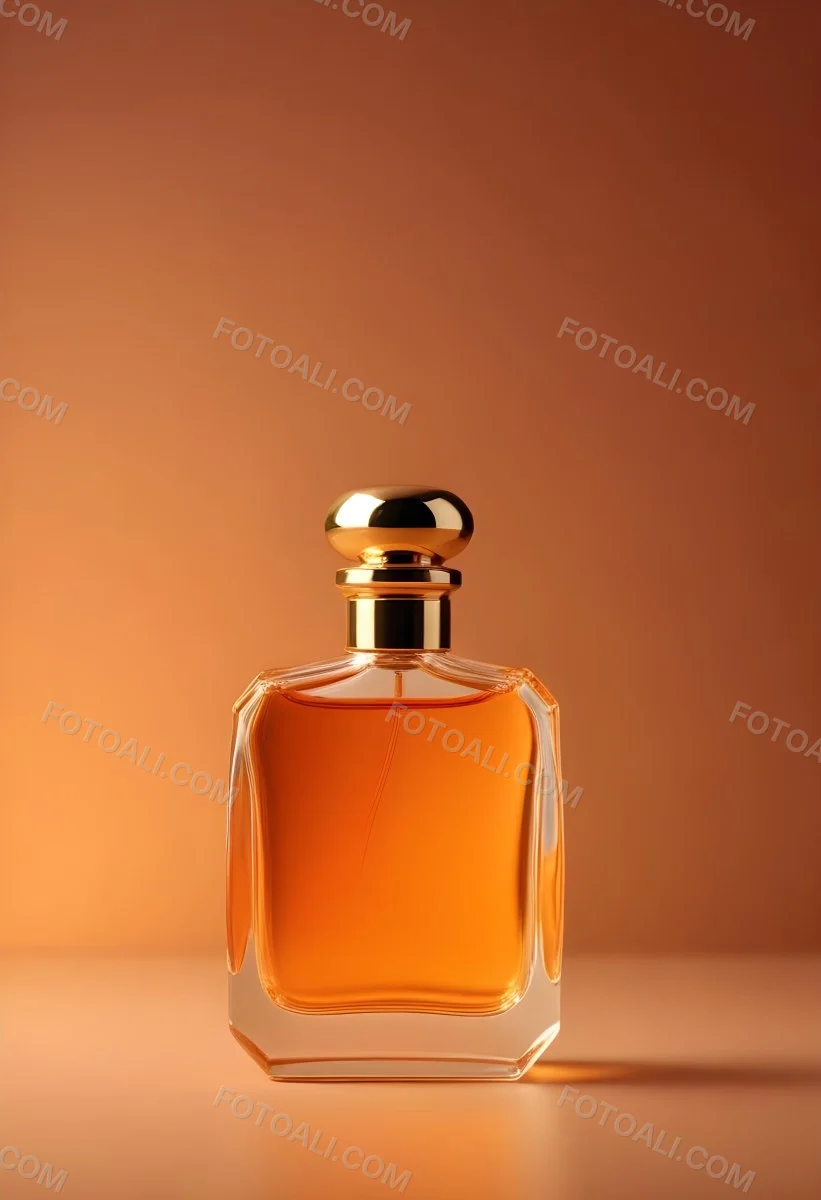 Minimal Soft Studio Light Photography A Perfume Bottle With A Golden Cap In A Soft Orange Color Palette With Another Bottle Blurred In The Background High Detail Solid Bold Color Background 43 047a