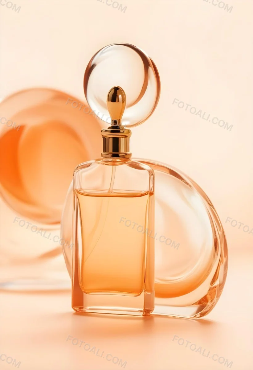 Minimal Soft Studio Light Photography A Perfume Bottle With A Golden Cap In A Soft Orange Color Palette With Another Bottle Blurred In The Background High Detail Solid Bold Color Background 5 2a68