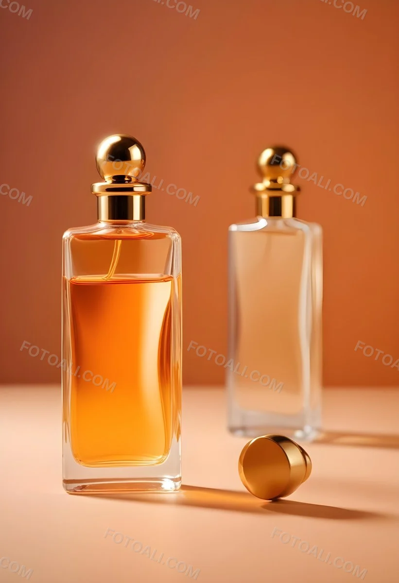 Minimal Soft Studio Light Photography A Perfume Bottle With A Golden Cap In A Soft Orange Color Palette With Another Bottle Blurred In The Background High Detail Solid Bold Color Background 6 8a15