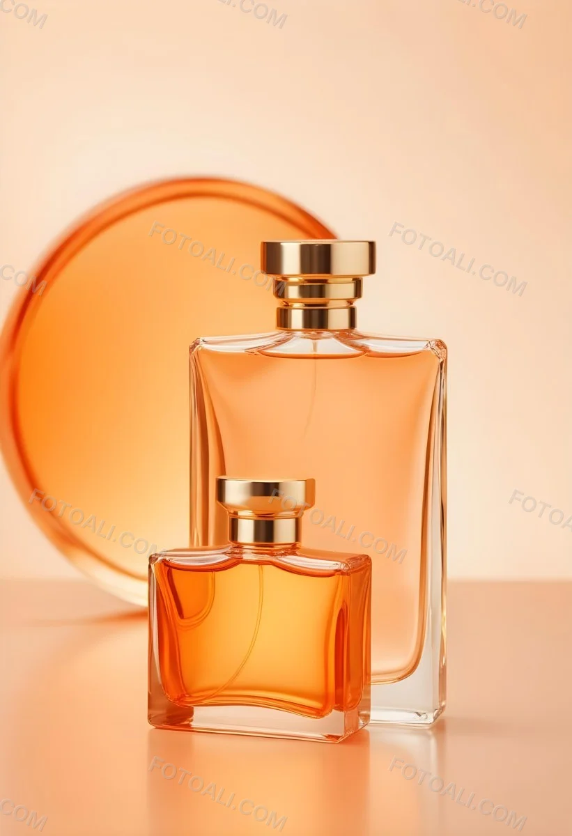 Minimal Soft Studio Light Photography A Perfume Bottle With A Golden Cap In A Soft Orange Color Palette With Another Bottle Blurred In The Background High Detail Solid Bold Color Background 7 Bd41