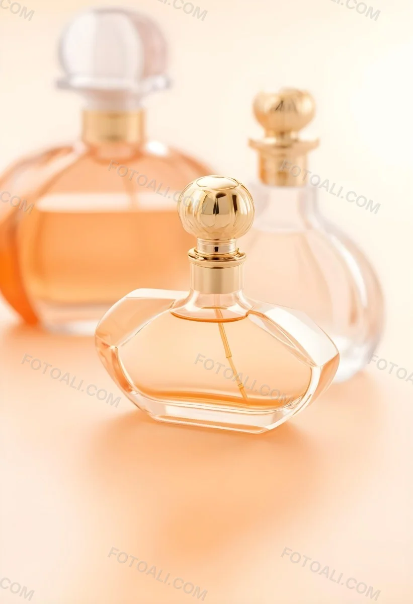 Minimal Soft Studio Light Photography A Perfume Bottle With A Golden Cap In A Soft Orange Color Palette With Another Bottle Blurred In The Background High Detail Solid Bold Color Background 8 Df31