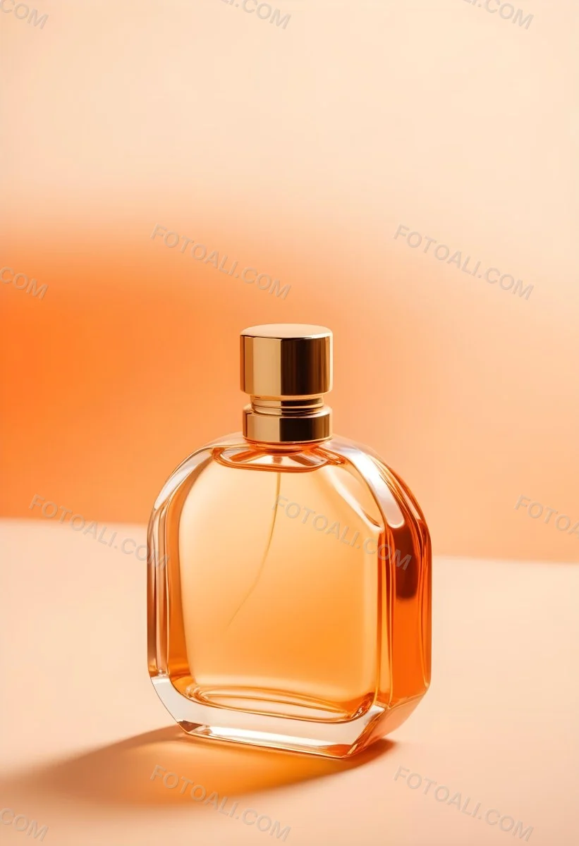 Minimal Soft Studio Light Photography A Perfume Bottle With A Golden Cap In A Soft Orange Color Palette With Another Bottle Blurred In The Background High Detail Solid Bold Color Background 9 38d5