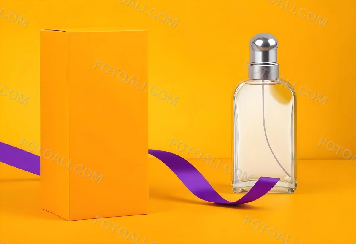 Minimal Soft Studio Light Photography A Perfume Bottle With A Silver Cap And A Yellow Box With A Purple Ribbon On A Yellow Table High Detail Solid Bold Color Background 1 54f3