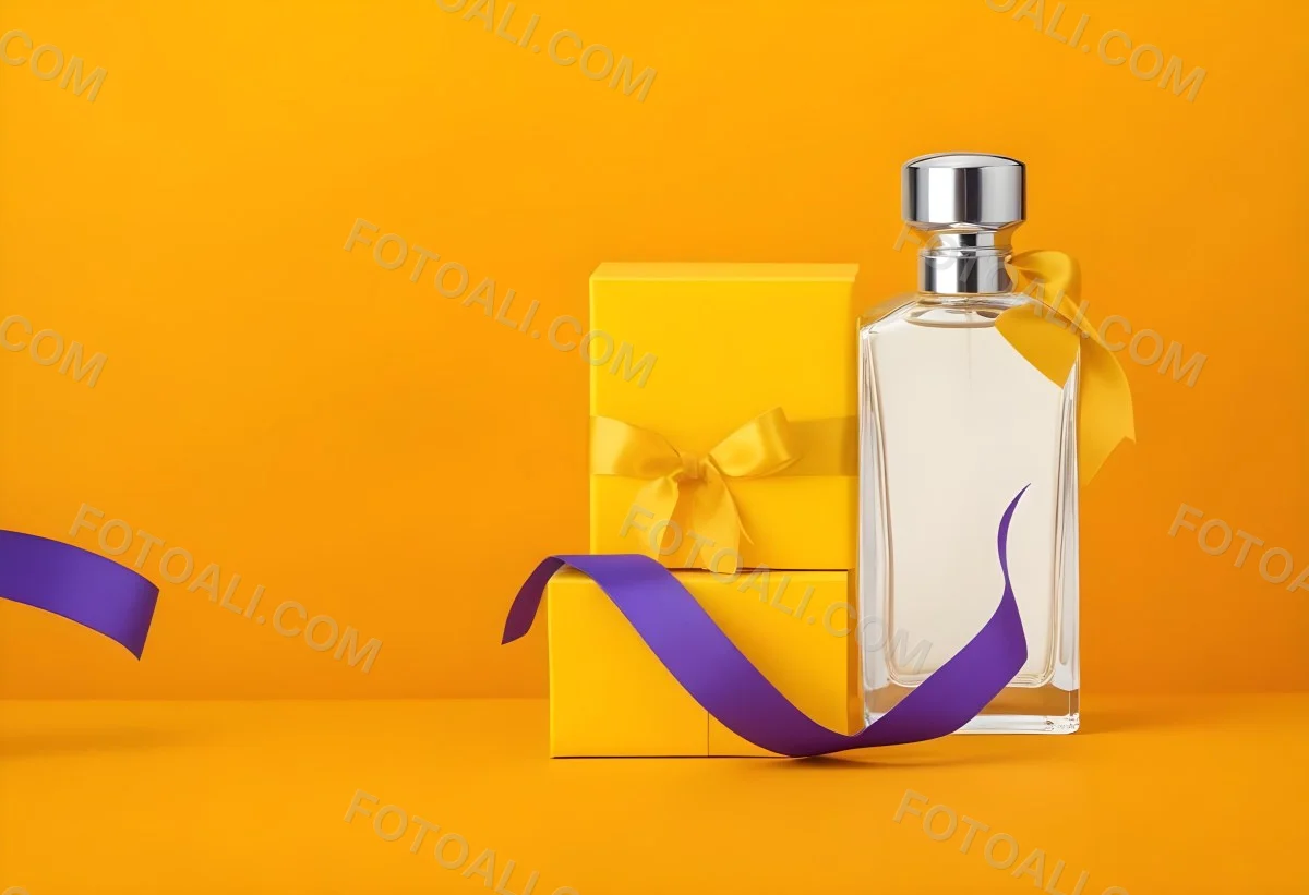 Minimal Soft Studio Light Photography A Perfume Bottle With A Silver Cap And A Yellow Box With A Purple Ribbon On A Yellow Table High Detail Solid Bold Color Background 11 9656