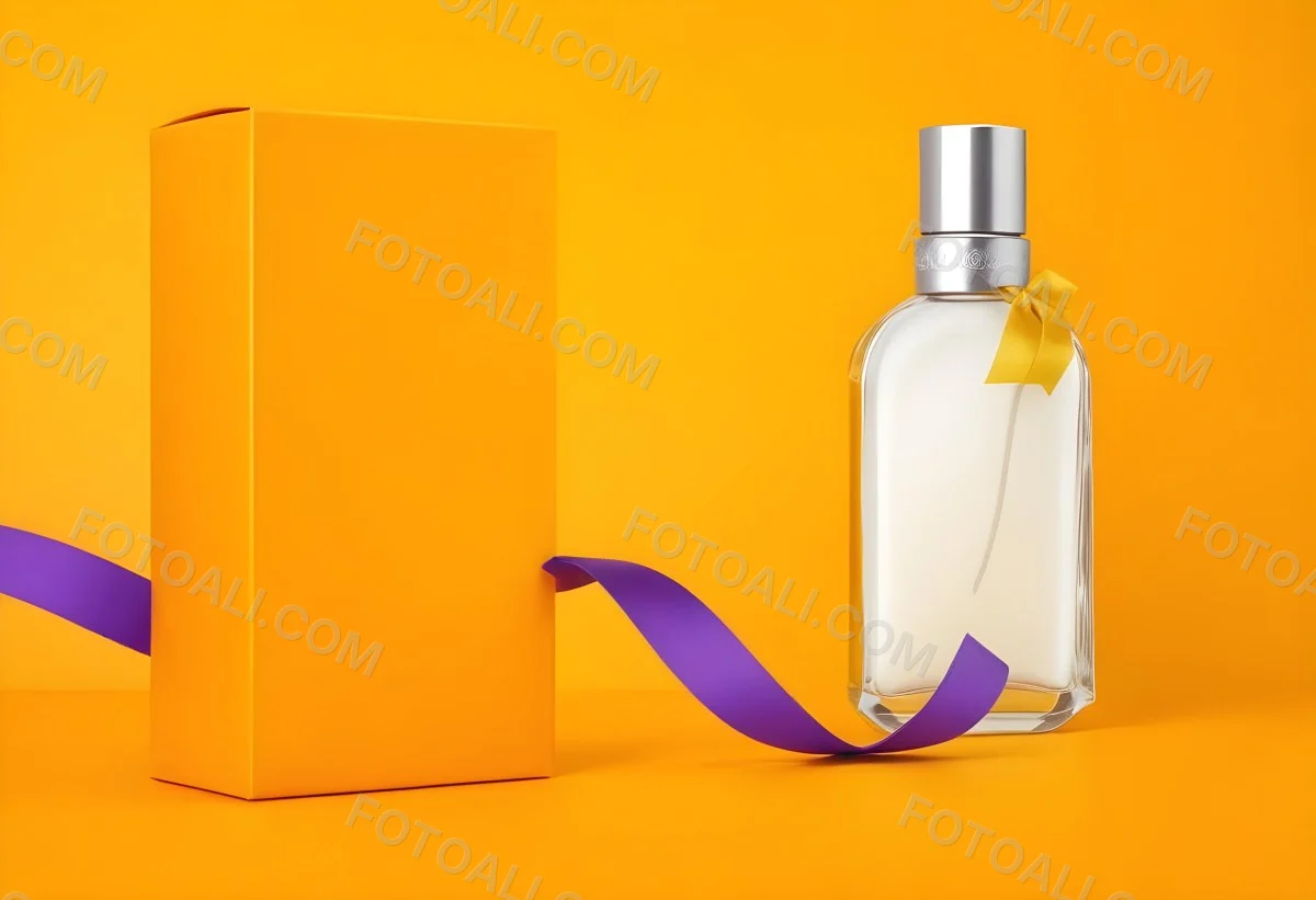 Minimal Soft Studio Light Photography A Perfume Bottle With A Silver Cap And A Yellow Box With A Purple Ribbon On A Yellow Table High Detail Solid Bold Color Background 12 8eed