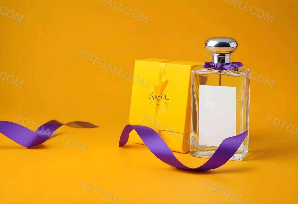Minimal Soft Studio Light Photography A Perfume Bottle With A Silver Cap And A Yellow Box With A Purple Ribbon On A Yellow Table High Detail Solid Bold Color Background 13 Dba7