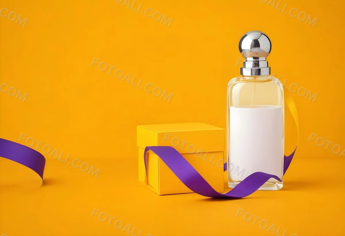 Minimal Soft Studio Light Photography A Perfume Bottle With A Silver Cap And A Yellow Box With A Purple Ribbon On A Yellow Table High Detail Solid Bold Color Background 17 1a94