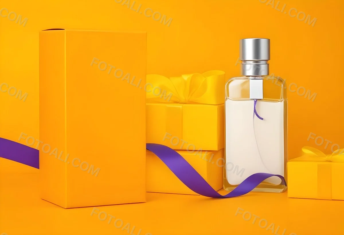 Minimal Soft Studio Light Photography A Perfume Bottle With A Silver Cap And A Yellow Box With A Purple Ribbon On A Yellow Table High Detail Solid Bold Color Background 2 1860