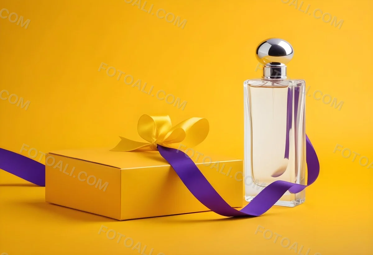 Minimal Soft Studio Light Photography A Perfume Bottle With A Silver Cap And A Yellow Box With A Purple Ribbon On A Yellow Table High Detail Solid Bold Color Background 26 B94f